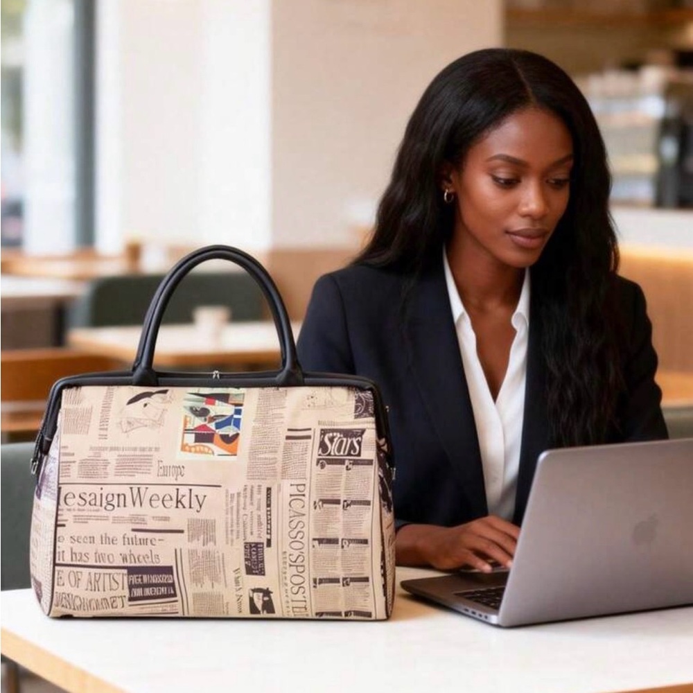 Newspaper Print Travel Duffel Bag - Beige - Picture 2 of 3